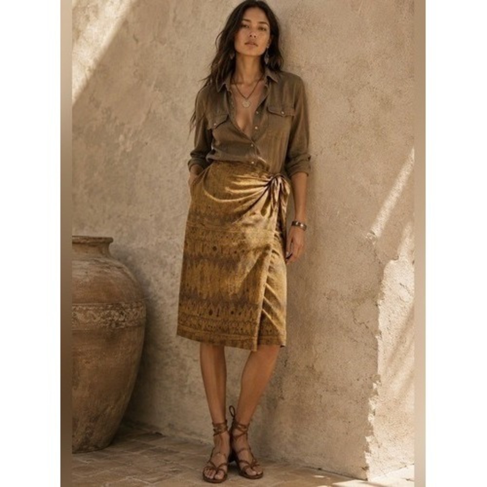 Lauren Ralph Lauren Southern Western Aztec Wrap Midi Skirt Women 8 China Linen - Picture 9 of 10